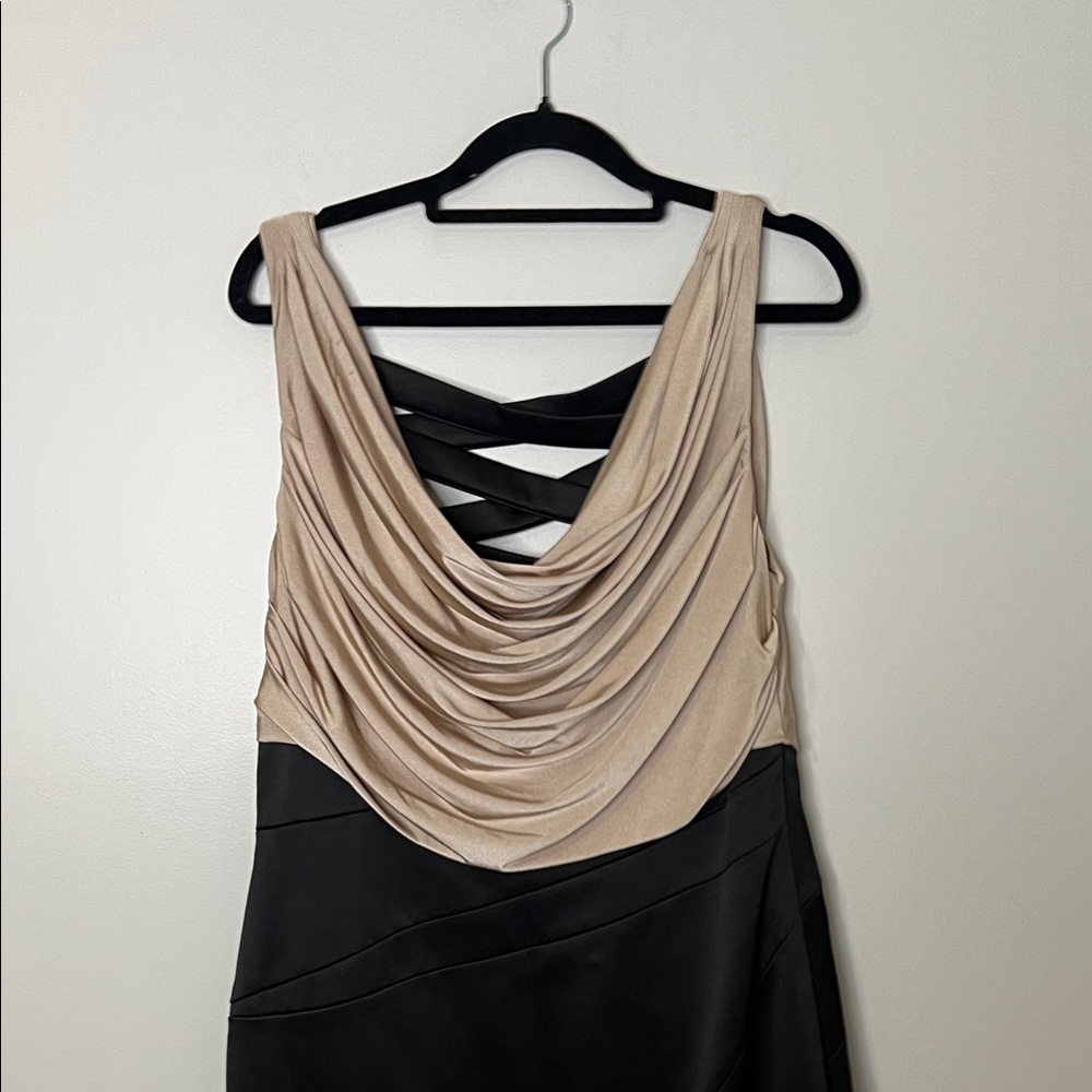 Sleeveless Draped Neck Two-Tone Cocktail Dress - Beige and Black - Picture 2 of 9